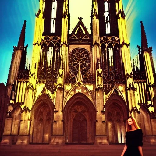 Image similar to gothic girl dressed in black, behind her a gothic cathedral, dramatic lights, dark ambients, the windows of the cathedral are reflecting red flame lights, golden hour, detailed face, intricate ornaments