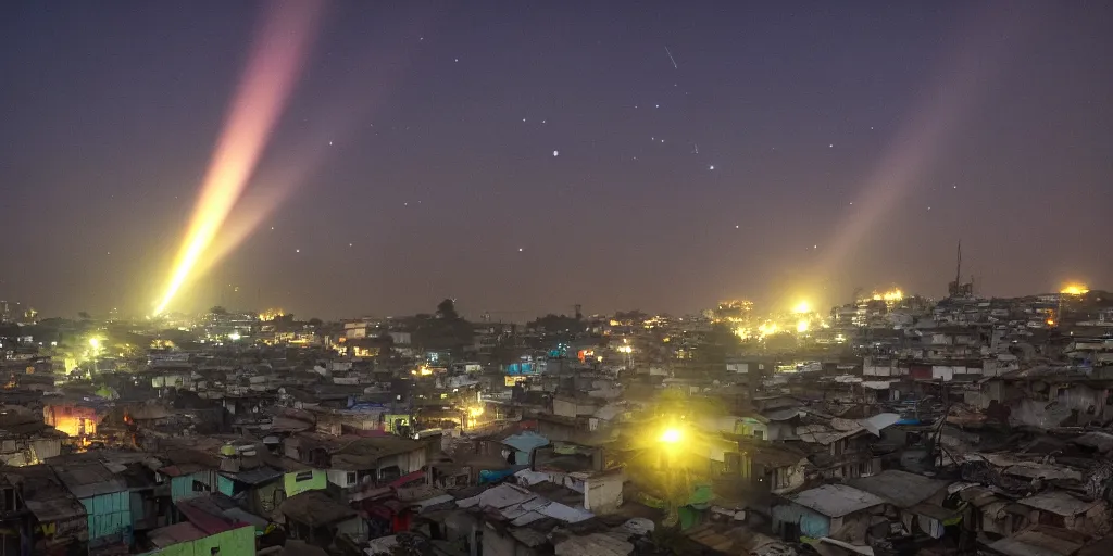 Prompt: large UFO over Ajegunle slums of lagos beaming neon rays of light, wide angle, Gold hour light,