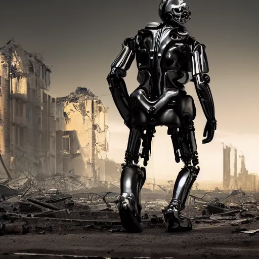 Prompt: dark picture of a metalic terminator exoskeleton walking on a destroyed city, 8 k, uhd, gloomy background, golden hour, 5 0 0 mm