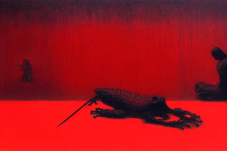 Image similar to only with red, a red samurai do seppuku, tokio, a lot of frogs watch, in the style of beksinski, parts by edward hopper, parts by rodcenko, parts by yue minjun, intricate and epic composition, red by caravaggio, insanely quality, highly detailed, masterpiece, red light, artstation, 4 k