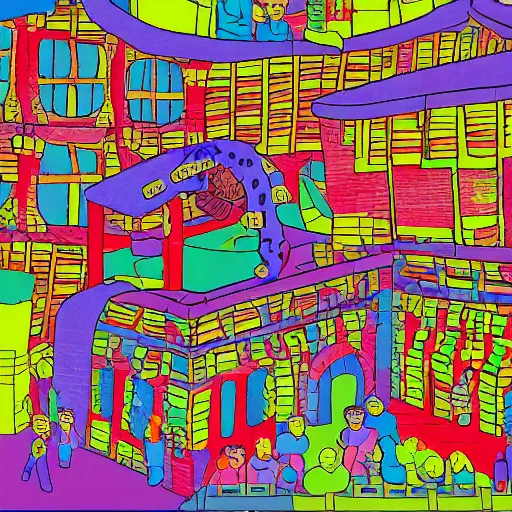 Image similar to a chinese prison, in the style of daniel johnston and outsider art, 8 k, line brush, minimal, brightly coloured, flat blocks of color, overlaid with chinese adverts