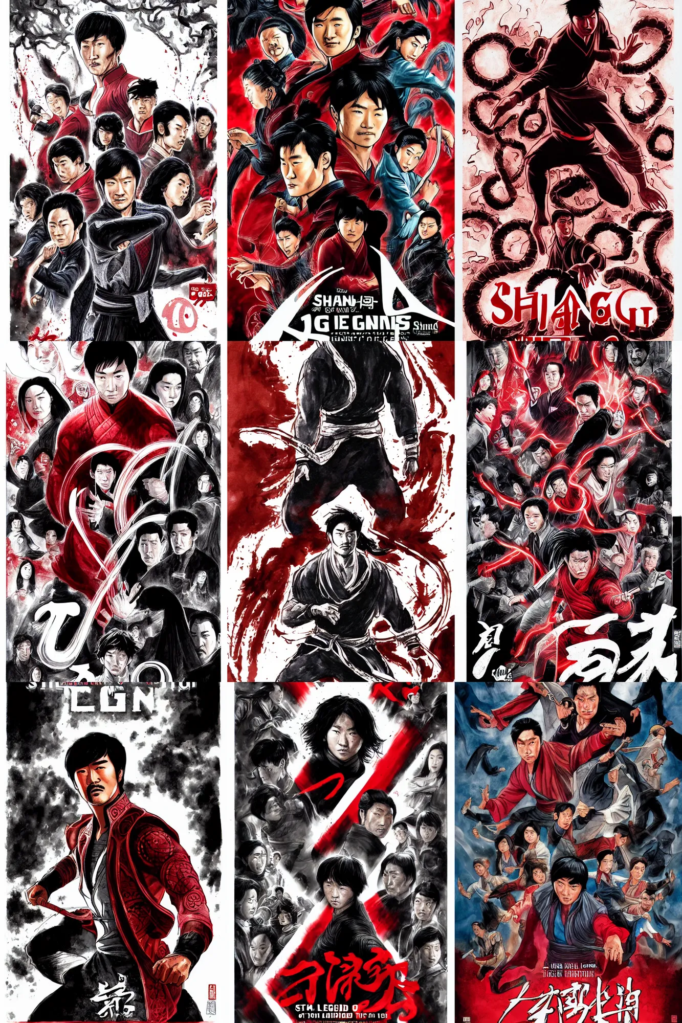 Prompt: shang-chi and the legend of the ten rings (2021), movie poster, sumi-e, ink wash, limited color palette