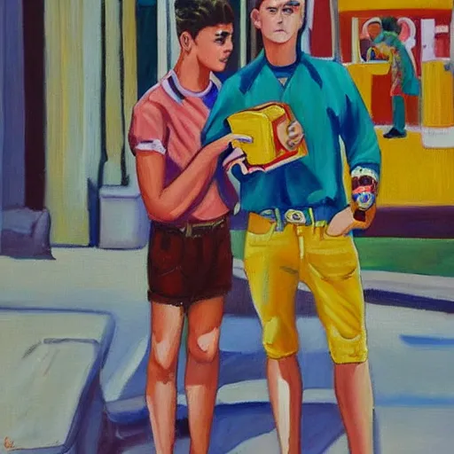 Prompt: a painting of three male teenagers with rockabilly haircuts holding yellow icw pops and looking at women in the streets high details