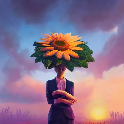 Image similar to giant daisy flower head, frontal, a girl in a suit, surreal photography, sunrise, dramatic light, impressionist painting, digital painting, artstation, simon stalenhag