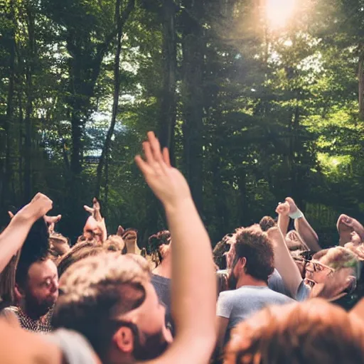 Image similar to group of friends raving outside a woodland cabin, big speaker stack, club lighting