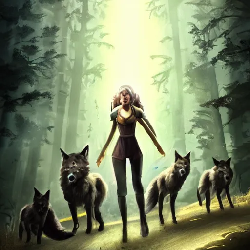 Image similar to of eurielle in a epic cinematic scene surrounded by wolves digital art in the style of greg retowski