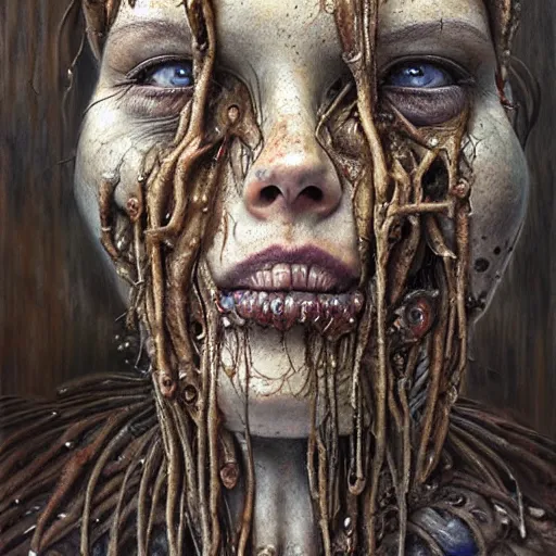 Prompt: Broken god, hyper-realistic oil painting, Body horror, biopunk, by Peter Gric, Marco Mazzoni