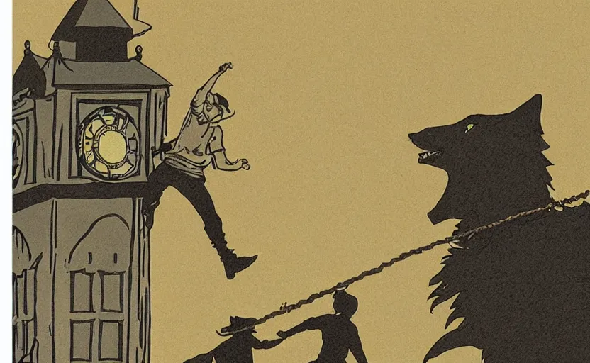 Image similar to a boy fighting a wolf on the edge of a clocktower, screen print