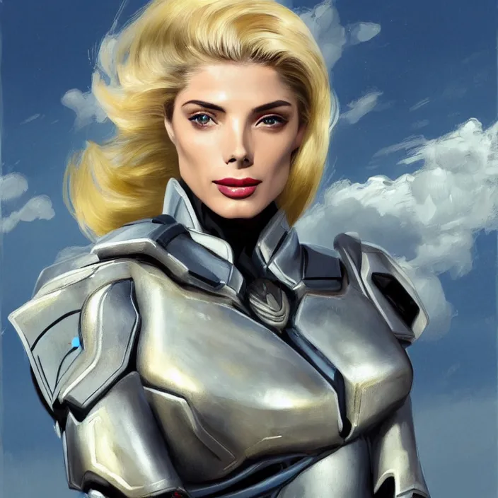 Image similar to A combination of Adriana Dxim's and Grace Kelly's and Ashley Greene's appearances with blonde hair wearing Interceptor's armor from Anthem, countryside, calm, fantasy character portrait, dynamic pose, above view, sunny day, thunder clouds in the sky, artwork by Jeremy Lipkin and Giuseppe Dangelico Pino and Michael Garmash and Rob Rey and Greg Manchess and Huang Guangjian, very coherent asymmetrical artwork, sharp edges, perfect face, simple form, 100mm