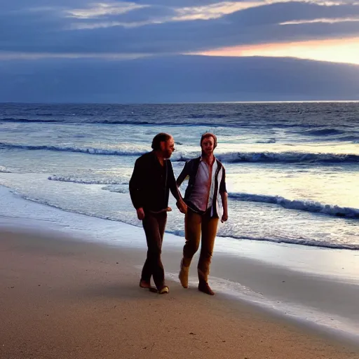 Prompt: Dutch van der Linde and Colm O'Driscoll holding hands and walking on a beach together, smiling, sunset