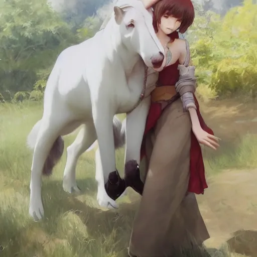 Image similar to a person hugging a large white animal, a detailed painting by krenz cushart, pixiv contest winner, fantasy art, official art, detailed painting, pixiv. highly detailed. 4 k masterpiece.