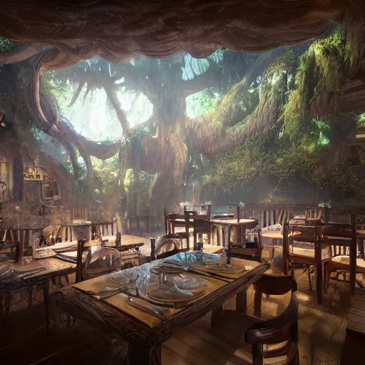 Prompt: interior of a restaurant carved out of a tree, kodak, fuji film, photoreal, 12k ursa, volumetric light, cinematic photograph concept art, intricate, artstation, studio ghibli, eddie mendoza, james chadderton