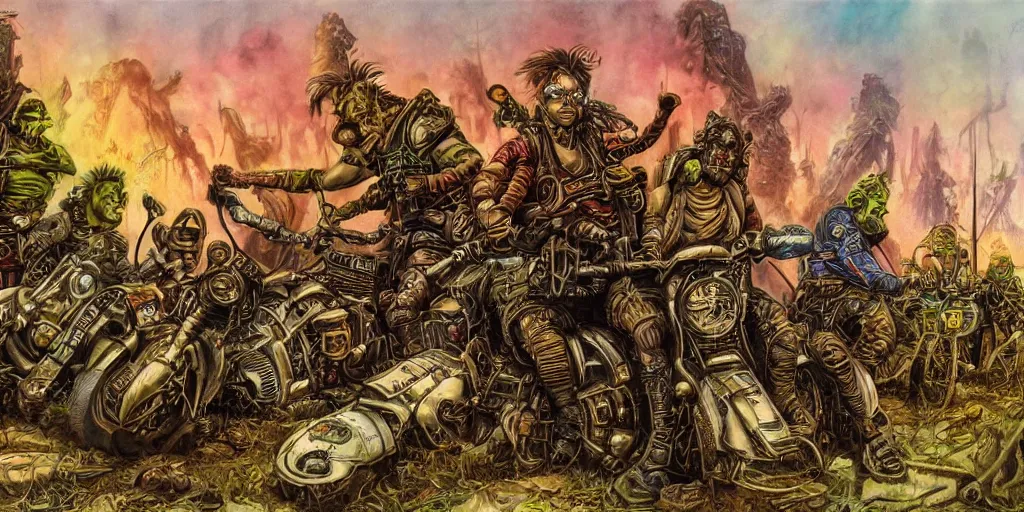 Image similar to psychedelic post apocalyptic orcish biker gang, scifi city ruins, sharp focus, psychedelic colors, boris vallejo, michael whelan