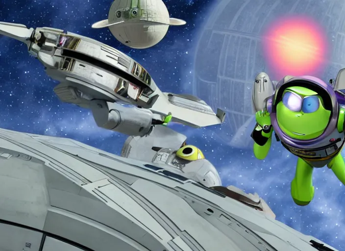 Image similar to buzz light - year flying a viper mk 2 into the death star