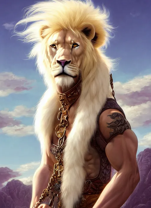 Image similar to aesthetic portrait commission of a of a male fully furry muscular anthro albino lion wearing a summer outfit and leather harness with a tail and a beautiful attractive hyperdetailed face at golden hour, fully clothed . Character design by charlie bowater, ross tran, artgerm, and makoto shinkai, detailed, inked, western comic book art, 2021 award winning film poster painting