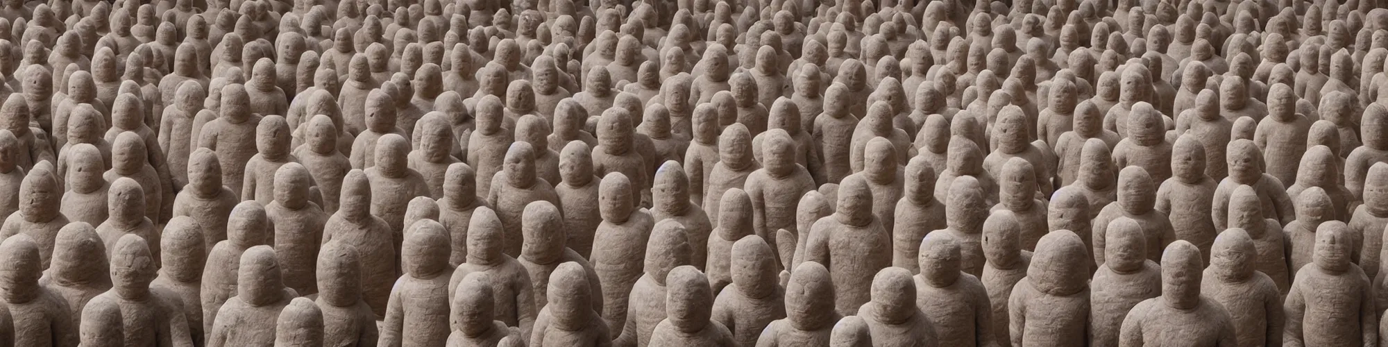 Prompt: hundreds of humans. A sea of humans. interconnected flesh. Melting clay golem humans. Dungeons&Dragons: Lemure. Lemure creature. Demonic scene. Many humans intertwined and woven together. Michelin Man puffy. Bodies and forms amesh. Terracotta army. Extremely unsettling artwork. Clay sculpture by Alberto Giacometti.