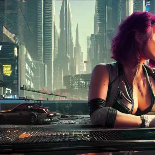 Image similar to scarlett johansson after a bad mission in Cyberpunk 2077. CP2077. 3840 x 2160