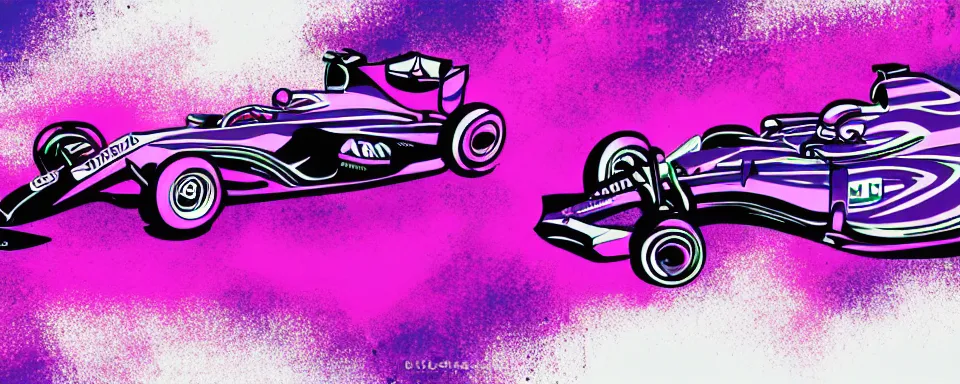 Image similar to abstract illustration of a formula one car, purple and pink, synthwave