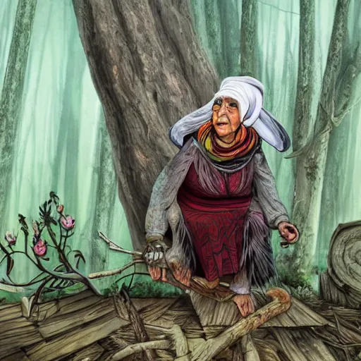 Prompt: a fabulous old woman baba yaga with a scarf on her head tied with a knot on top. there is a black cat nearby. background hut on chicken legs. from the fabulous enchanting dense forest. fantasy. very clear image.