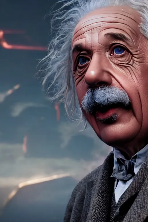 Image similar to A still of Albert Einstein as Thanos in Avengers Endgame, close-up, sigma male, rule of thirds, award winning photo, unreal engine, studio lighting, highly detailed features, interstellar space setting