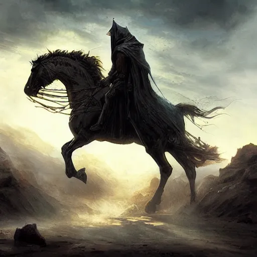 Image similar to ''cinematic shot'' a dark hooded mage on a horse riding to the battle leading his army of undead casper david friedrich raphael lacoste vladimir kush leis royo volumetric light effect broad light oil painting painting fantasy art style sci - fi art style realism artwork unreal engine