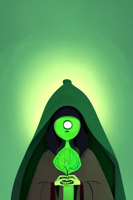 Image similar to A full body portrait of a cute shaman with no face, glowing eyes and a very long hooded dark green cloak of leaves in the style of Pixar, stylized