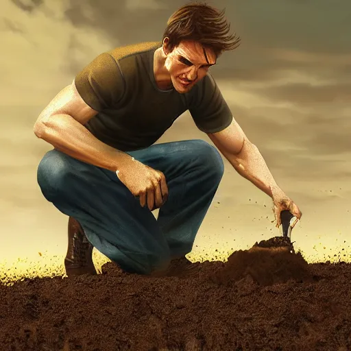 Image similar to tom cruise planting fries in the ground, digital art, highly - detailed, artstation cgsociety masterpiece