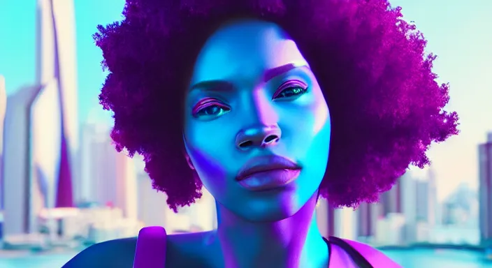 Image similar to portrait of beautiful cyberpunk black woman with afro hair, rio de janeiro pao de acucar corcovado ipanema on the background, blue and purple digital art trending on artstation, beeple, soft lighting, bokeh