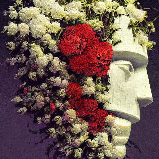 Image similar to a painting by thomas cole of a white robot head with flowers growing out, highly detailed, color bleeding, pixel sorting, plain black background, studio lighting, high contrast, bold composition, abstract paint color splotches