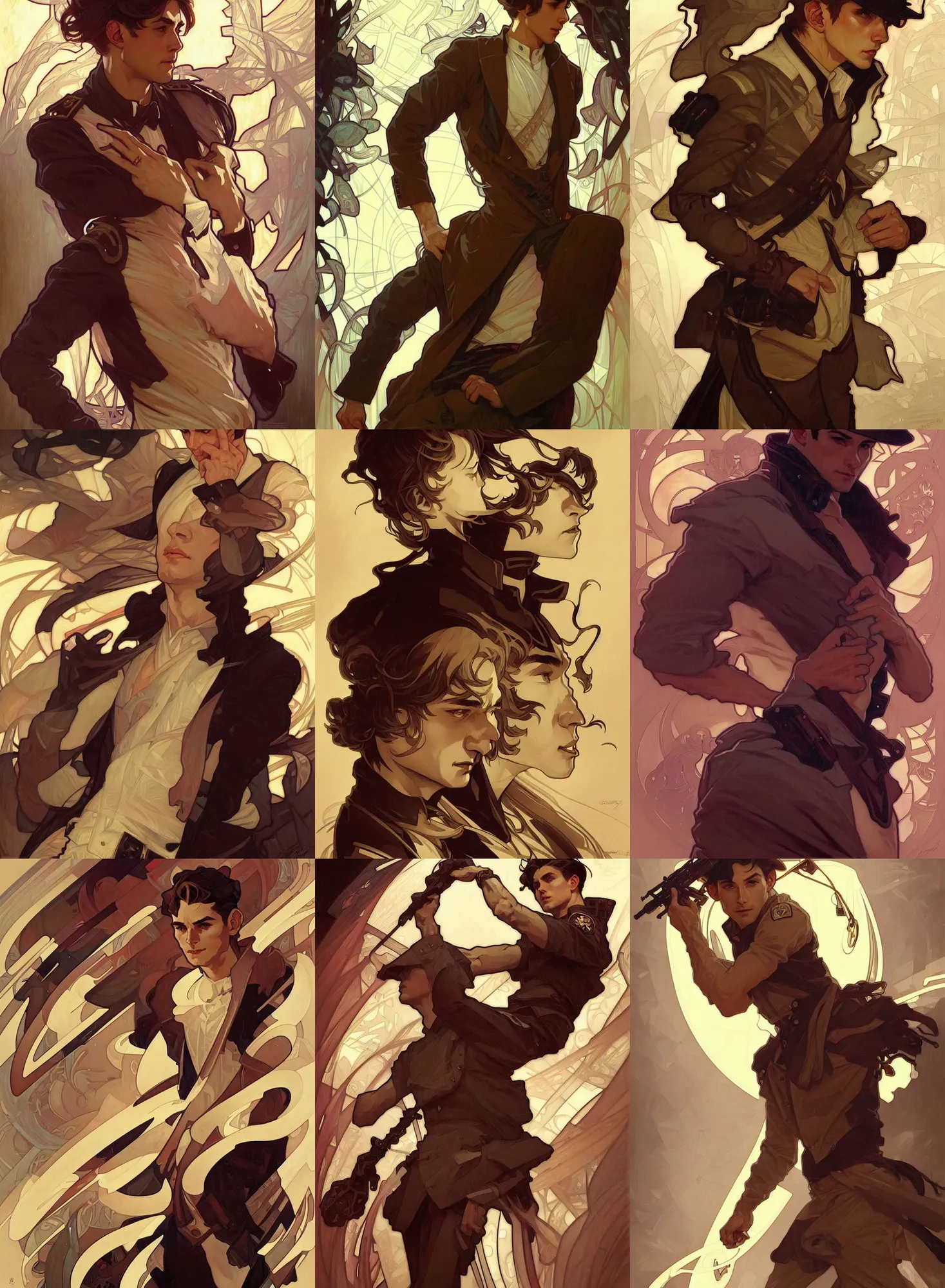 Prompt: deco art by artgerm and greg rutkowski and alphonse mucha. clear portrait of a lonely attractive men in uniform!! hyper detailed, character concept, full body!! dynamic pose, glowing lights!! intricate, elegant, highly detailed, digital painting, artstation, concept art, smooth, sharp focus, illustration