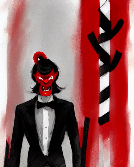 Image similar to Medium shot of Red Imp + White black striped horns + Formal outfit, in the style of greg rutkowski