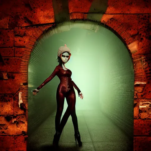 Image similar to a victim being intimidated by a succubus in a leather suit, devi wings, cracked brick wall, long hallway, light at the end of the tunnel, volumetric lighting, concept art, fantasy, dramatic lighting, daz, by mark ryden, hayao miyazaki
