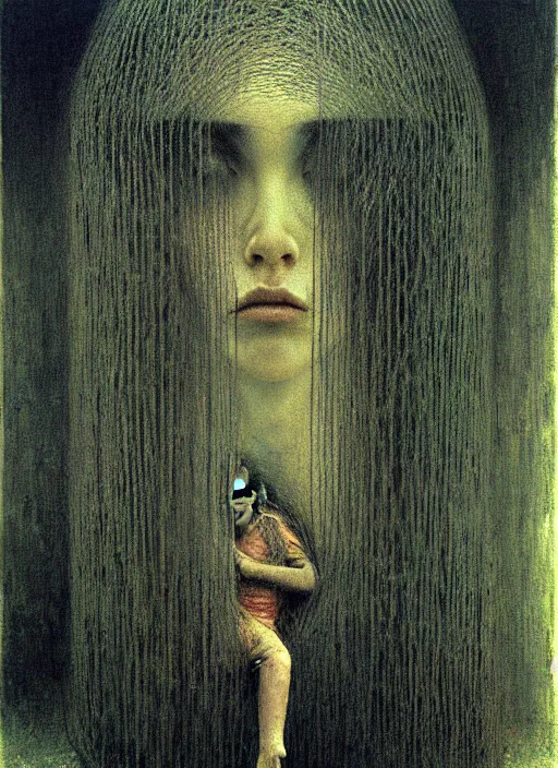 Image similar to girl with long hairs inside cage by Beksinski