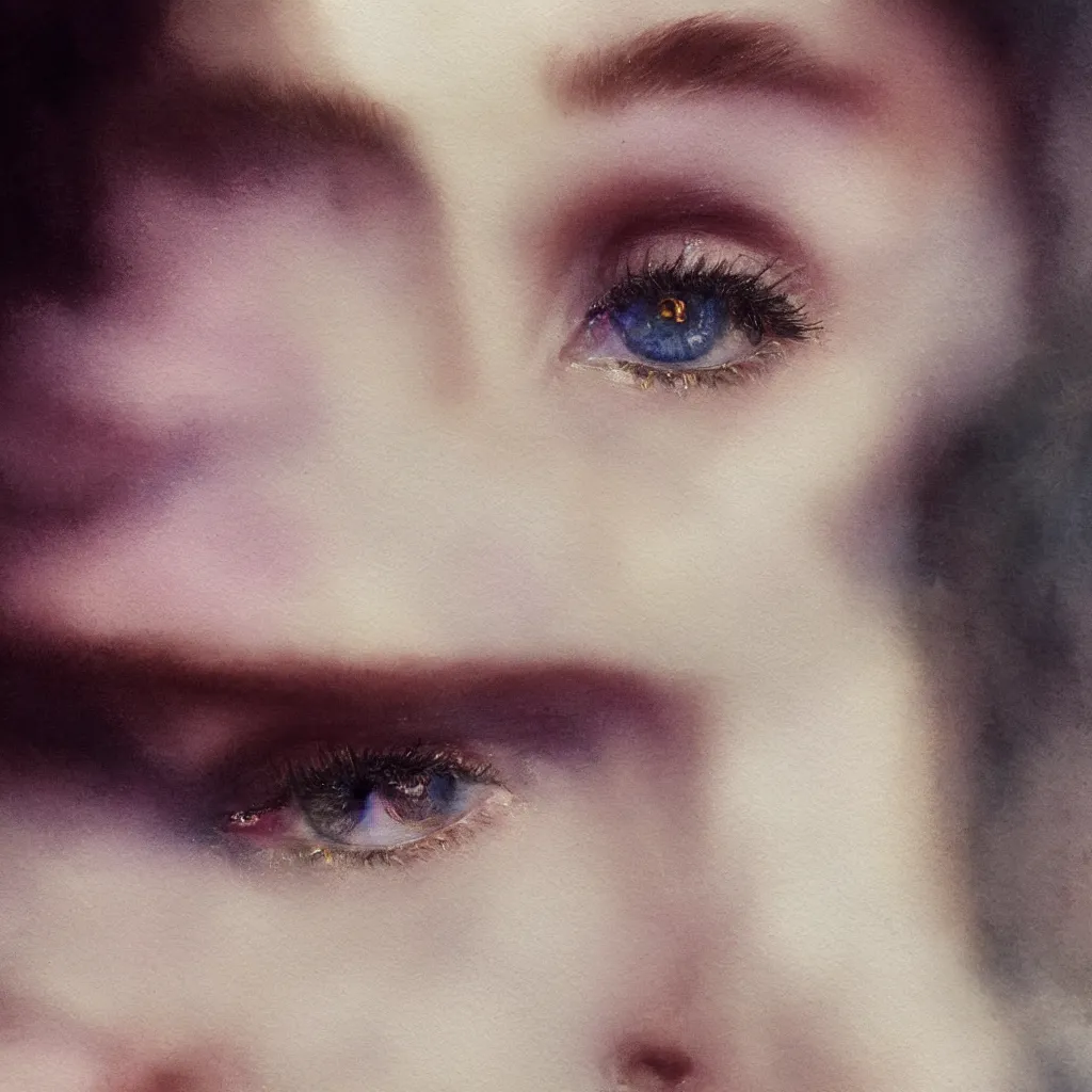 Prompt: a beautiful watercolor painting close up of a womans eyes, she looks determined, confident, strong, highly detailed, digital painting, artstation, concept art, art by delphin enjolras and alphonse mucha, smooth, sharp focus, dynamic lighting, ultrarealistic, cinematic, octane render, 8 k