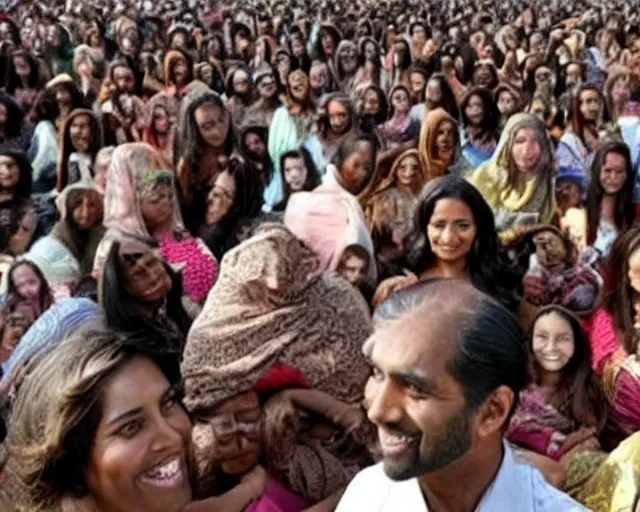 Image similar to a brown man with 10,100 adoring wives.