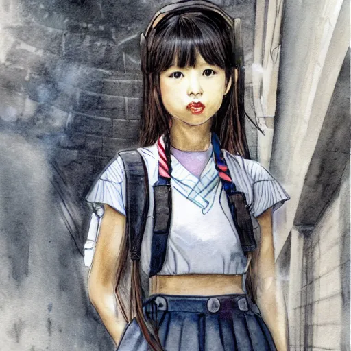 Prompt: a perfect, realistic professional digital sketch of a Japanese schoolgirl posing in a sci-fi alleyway, style of Marvel and DC, full length, by pen and watercolor, by a professional American senior artist on ArtStation, a high-quality hollywood-style sketch, on high-quality paper