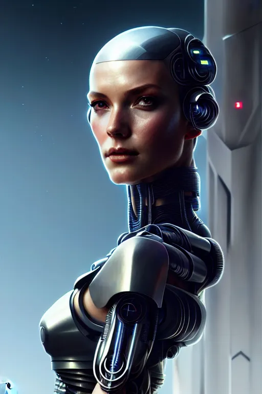 Prompt: ultra realistic, beautiful cyborg woman, sci-fi, fantasy, cyberpunk, intricate, elegant, highly detailed, digital painting, octane render, artstation, concept art, smooth, sharp focus, illustration, art by artgerm and vincent di fate and michael welan and greg rutkowski and alphonse mucha