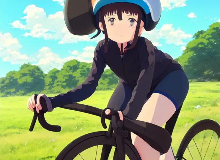 Prompt: portrait of cute girl riding road bike, sunny sky background, lush landscape, illustration concept art anime key visual trending pixiv fanbox by wlop and greg rutkowski and makoto shinkai and studio ghibli and kyoto animation, symmetrical facial features, sports clothing, road bike helmet, nike cycling suit, backlit, aerodynamic frame, short hair