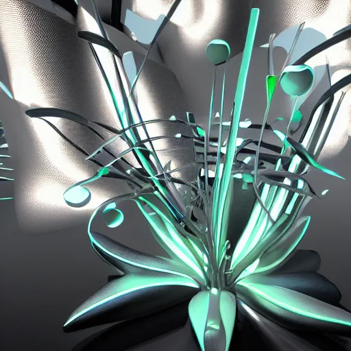 Prompt: a cybertronic, metallic, reflective orchid flower, unreal engine