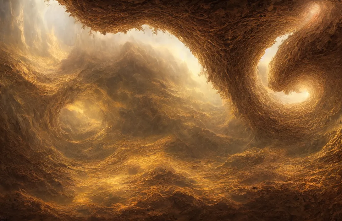 Image similar to esao andrews, benoit mandelbrot mandelbulb, hyperreal phantastic landscape, intricate details in environment, meeting point, portal, luminance, bright pastel colors, golden ratio, high aestehtic, cinematic light, dramatic light, godrays, distance, clear atmosphere, photobash, wideangle, bierstadt, hyperreal 4 k