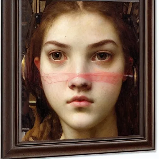 Image similar to a realistic face portrait of a teenage girl who looks like Uma Thurmond and Anya Taylor Joy with an anxious expression and parted lips, wearing mechanical robotic battle armor, by John William Waterhouse, Frederic Leighton, Alphonse Mucha, Edward Burne Jones