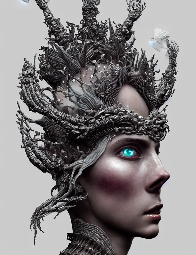 Image similar to symmetrical, centered, zbrush sculpt of goddess close-up portrait wigh crown made of skulls. phoenix betta fish, phoenix, bioluminiscent creature, super intricate ornaments artwork by Tooth Wu and wlop and alena aenami and greg rutkowski