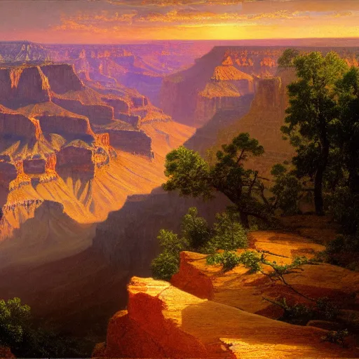 Image similar to a beautiful ultra - detailed realistic oil painting of the grand canyon by albert bierstadt, emanuel leutze, and george caleb bingham. wallpaper 4 k. sunset. no people