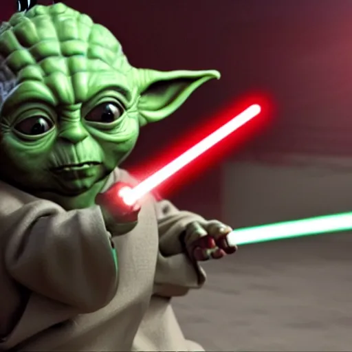 Image similar to elon musk fighting yoda wwith a lightsaber, sharp, detailed face, 8 k, octane render