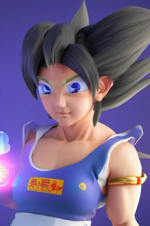 Image similar to high resolution 3d render of kawaii female goku, unreal engine 5, trending on artstation, volumetric lighting, subsurface scattering