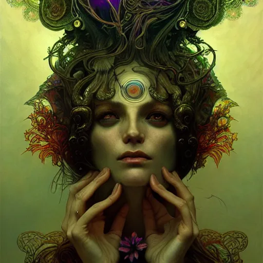 Image similar to An extremely psychedelic experience, surreal, dramatic lighting, magic mushrooms, psilocybin, LSD, face, detailed, intricate, elegant, highly detailed, digital painting, artstation, concept art, smooth, sharp focus, illustration, art by Krenz Cushart and Artem Demura and alphonse mucha