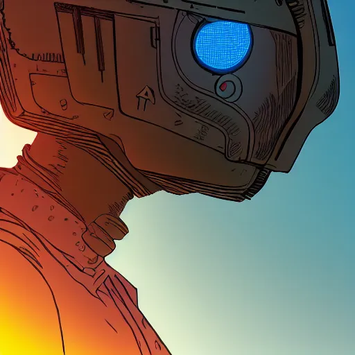 Image similar to in the style of max prentis and deathburger and laurie greasley a close up of a young explorer wearing a cyberpunk headpiece sitting on the head of a giant robot watching the sunset in the distance, highly detailed, 8k wallpaper