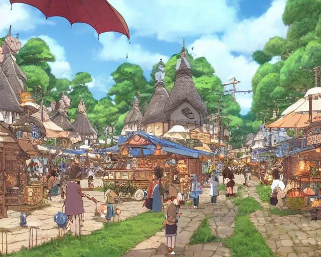 Prompt: busy fantasy village open square with some market stalls, studio ghibli style, hayao miyazaki, award winning photograph, highly detailed, artstation, hd wallpaper