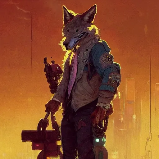 Prompt: anthropomorphic furry coyote character in cyberpunk clothes. Renowned character illustration by greg rutkowski, thomas kindkade, alphonse mucha, loish, norman rockwell. Trending on artstation.