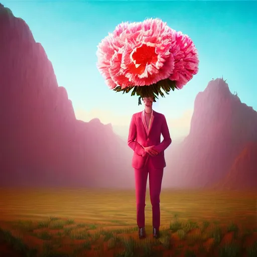 Image similar to giant carnation flower head girl, suit, desert, surreal photography, sunrise, dramatic light, impressionist painting, digital painting, artstation, simon stalenhag